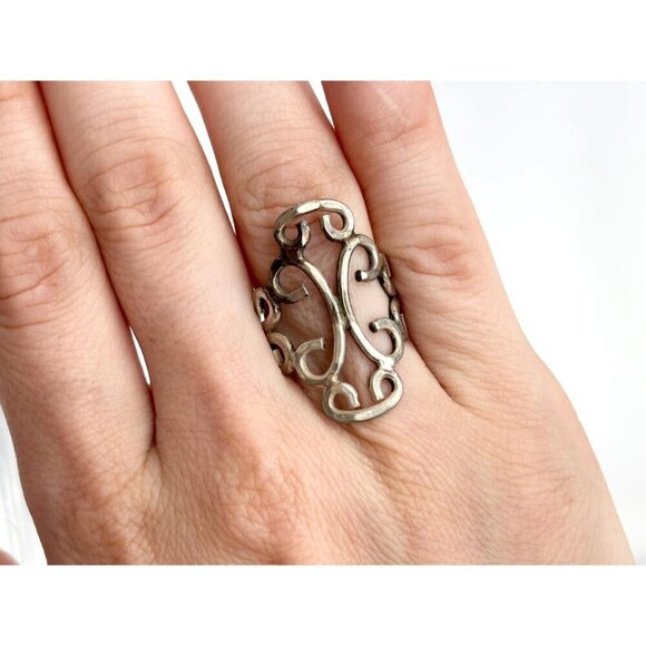 Swirl Statement Cutout Unisex Sterling Silver Victorian Vintage Ring - sz 6.5 - Picture 10 of 10